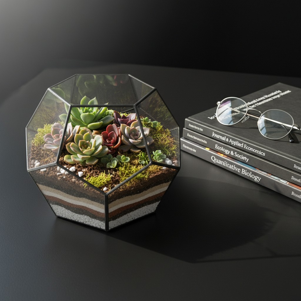 The image showcases a terrarium with various succulents, accompanied by a stack of books on the right side, featuring an e...