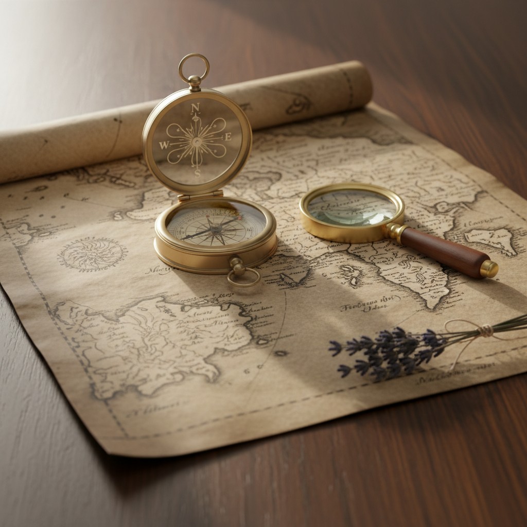 A vintage brass compass, magnifying glass, and antique map with rolled edges, set against a dark wood table, evoking a sen...